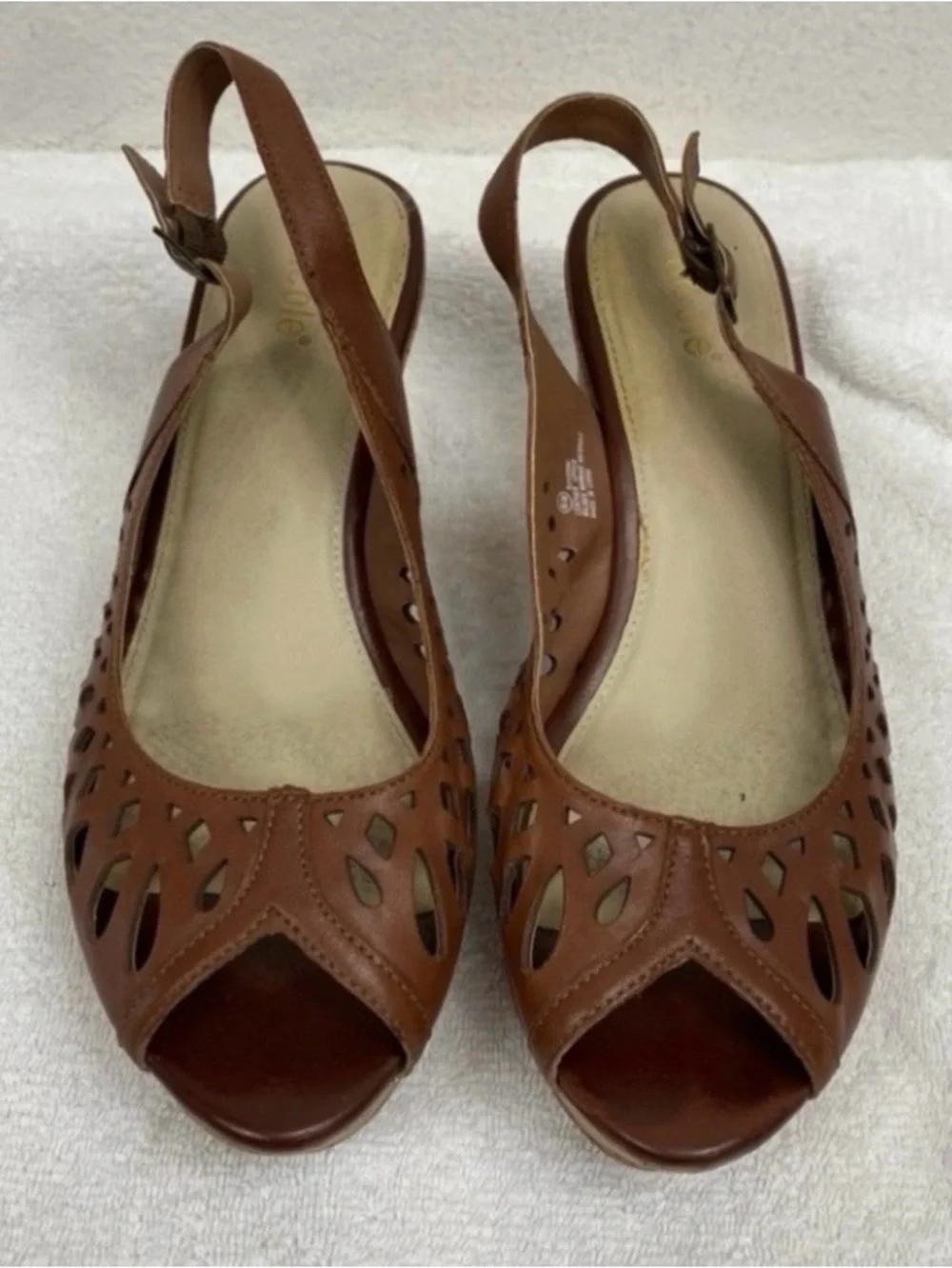 Nicole Women’s Brown Perforated Leather Peep Toe Platform Wedge Sandal Size 8.5